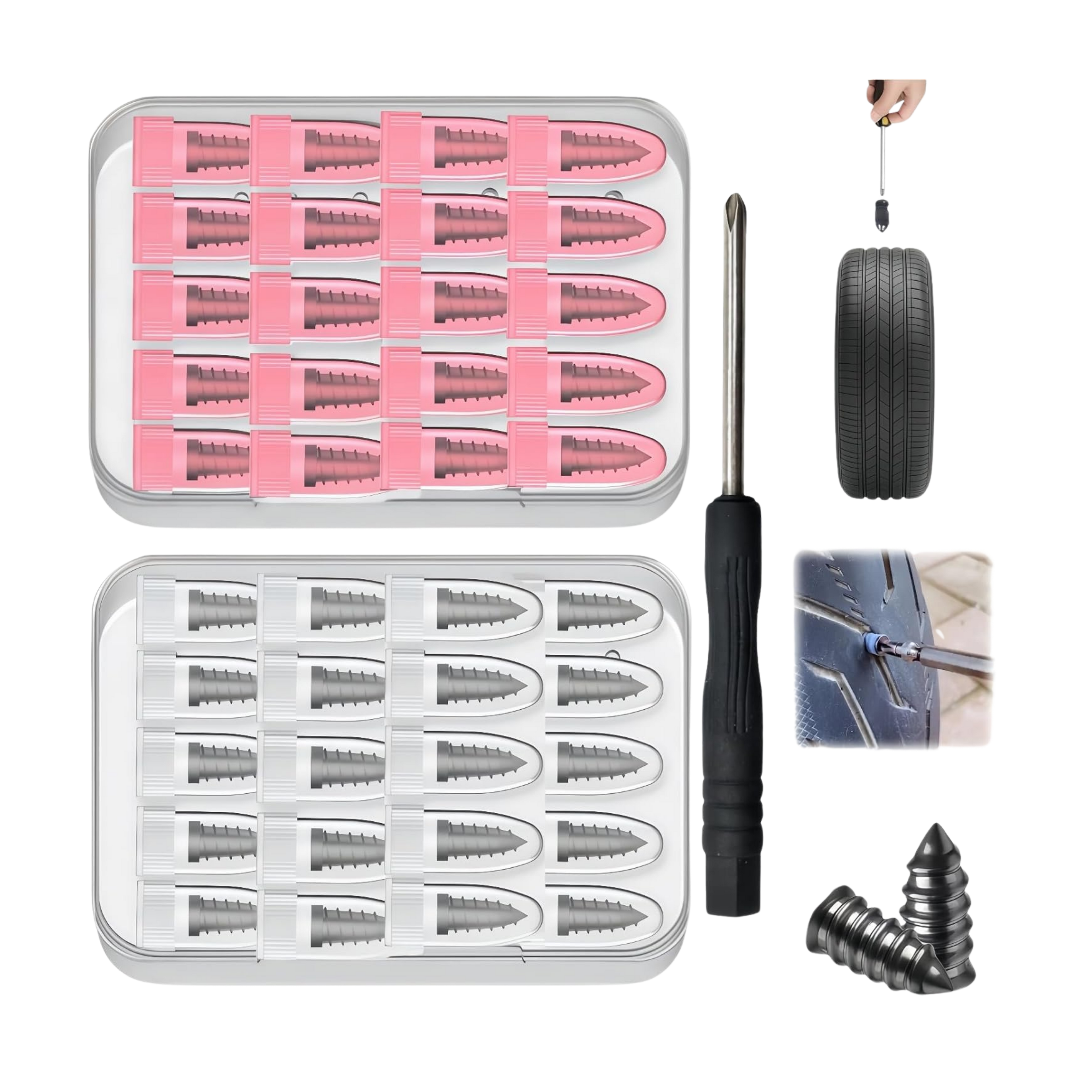 Set of tire repair screws with tools and a tire in the background