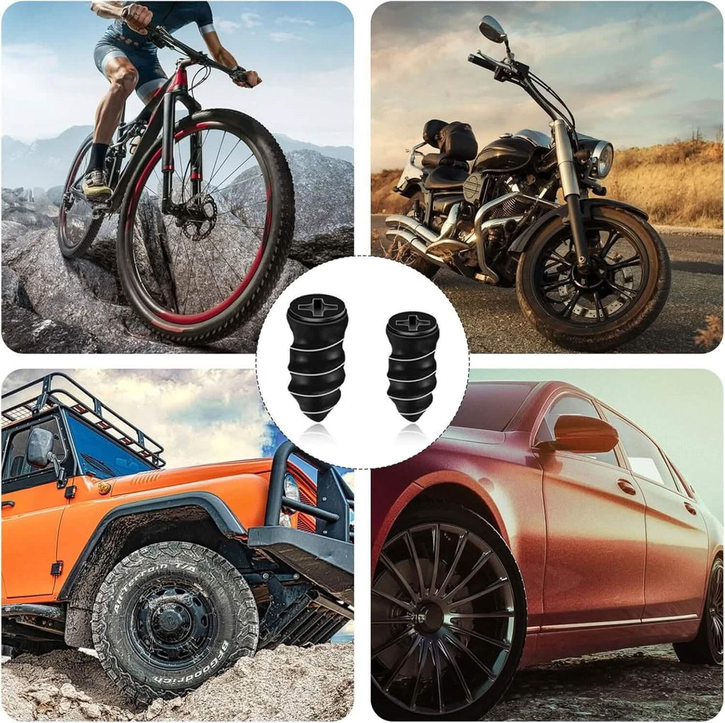 Collage of vehicles including a bicycle, motorcycle, off-road vehicle, and car with inset images of black valve stems.
