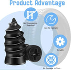 Black tire inflator with product advantages highlighted on a light blue background