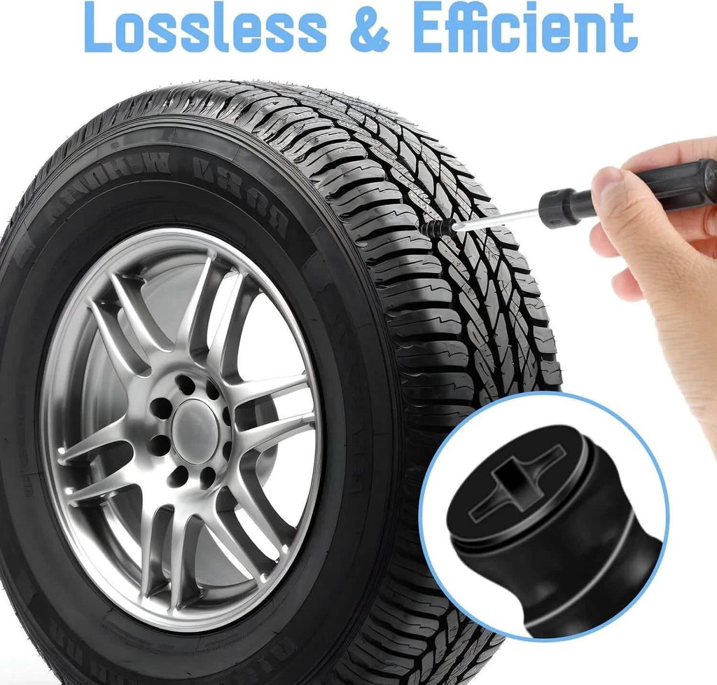 Car tire with a hand using a tool, accompanied by text 'Lossless & Efficient'.