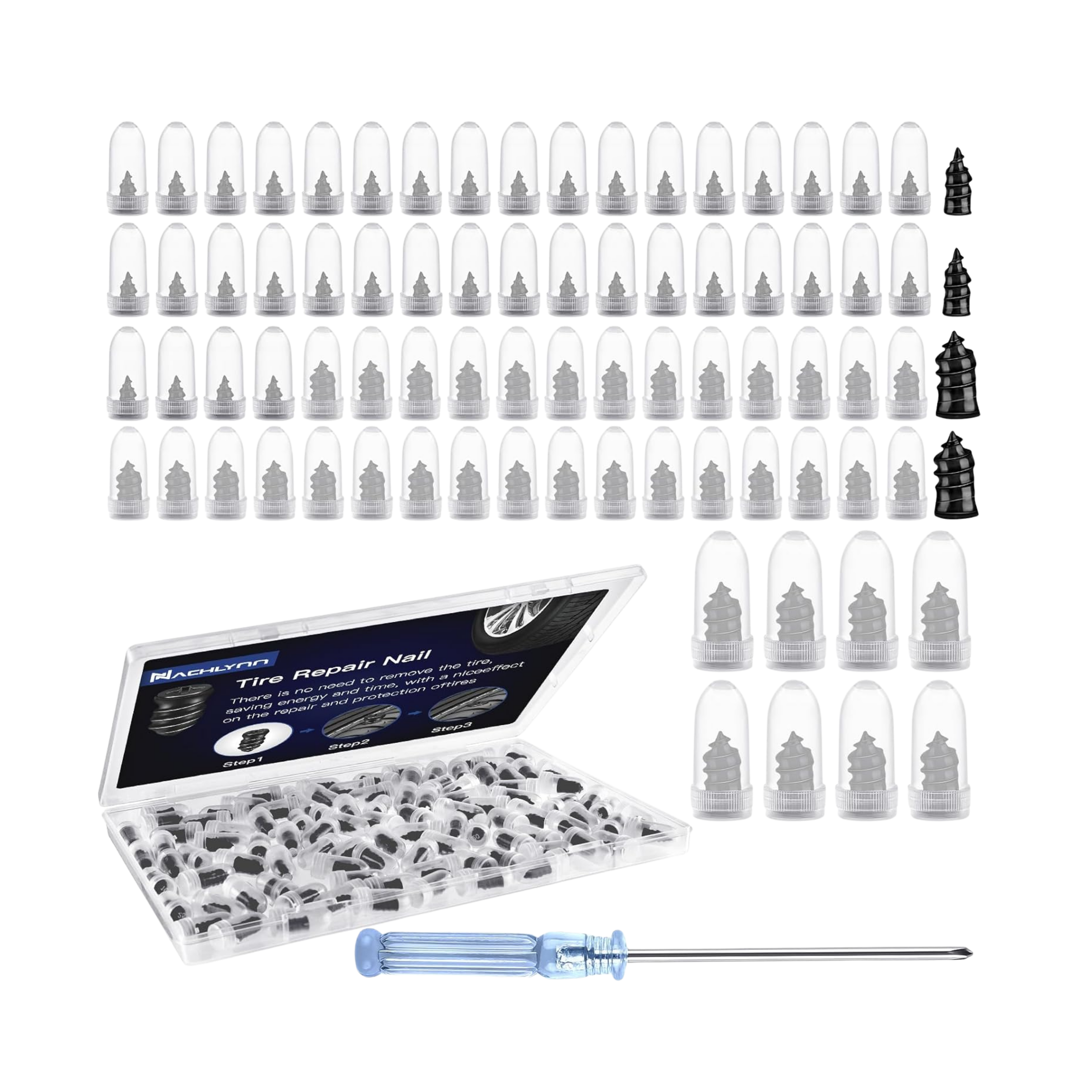 Tire repair nail kit with various components on a white background