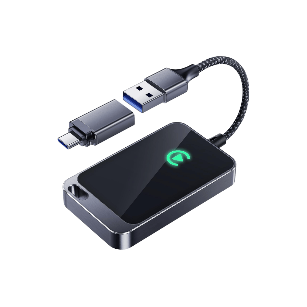 Wireless CarPlay Adapter for Apple USB adapter with a green light on a transparent background