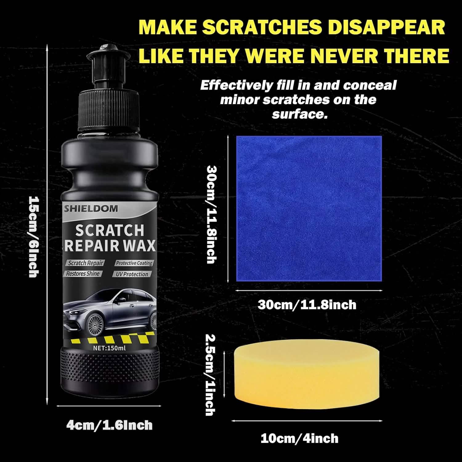 Car scratch repair wax with measurements and text on a black background
