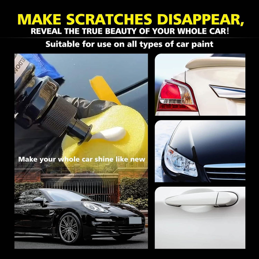 Promotional image for car scratch removal product with text and car images.