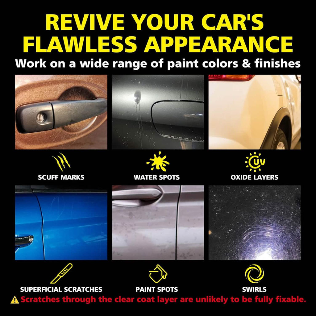 Advertisement for car paint correction services with images of car flaws and text 'Revive Your Car's Flawless Appearance'.