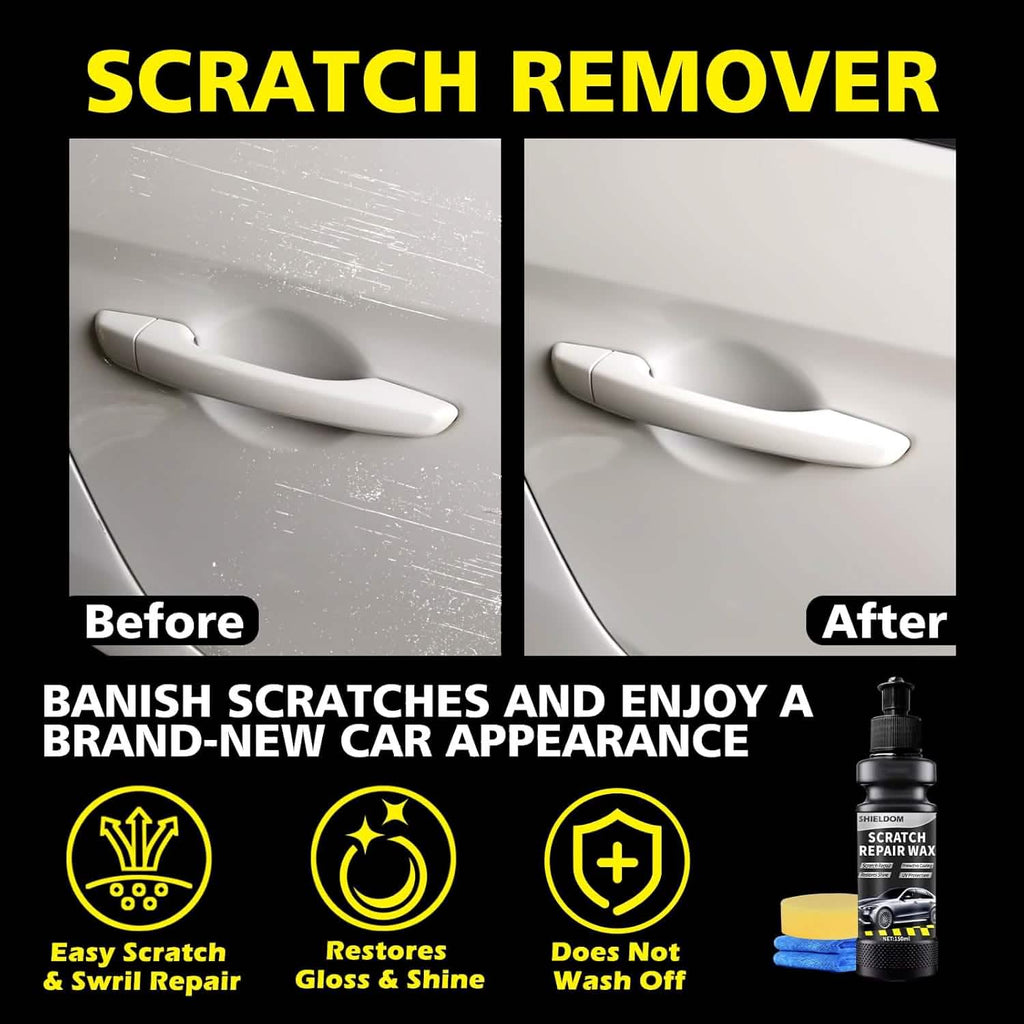 Scratch remover product before and after use on a car door handle.