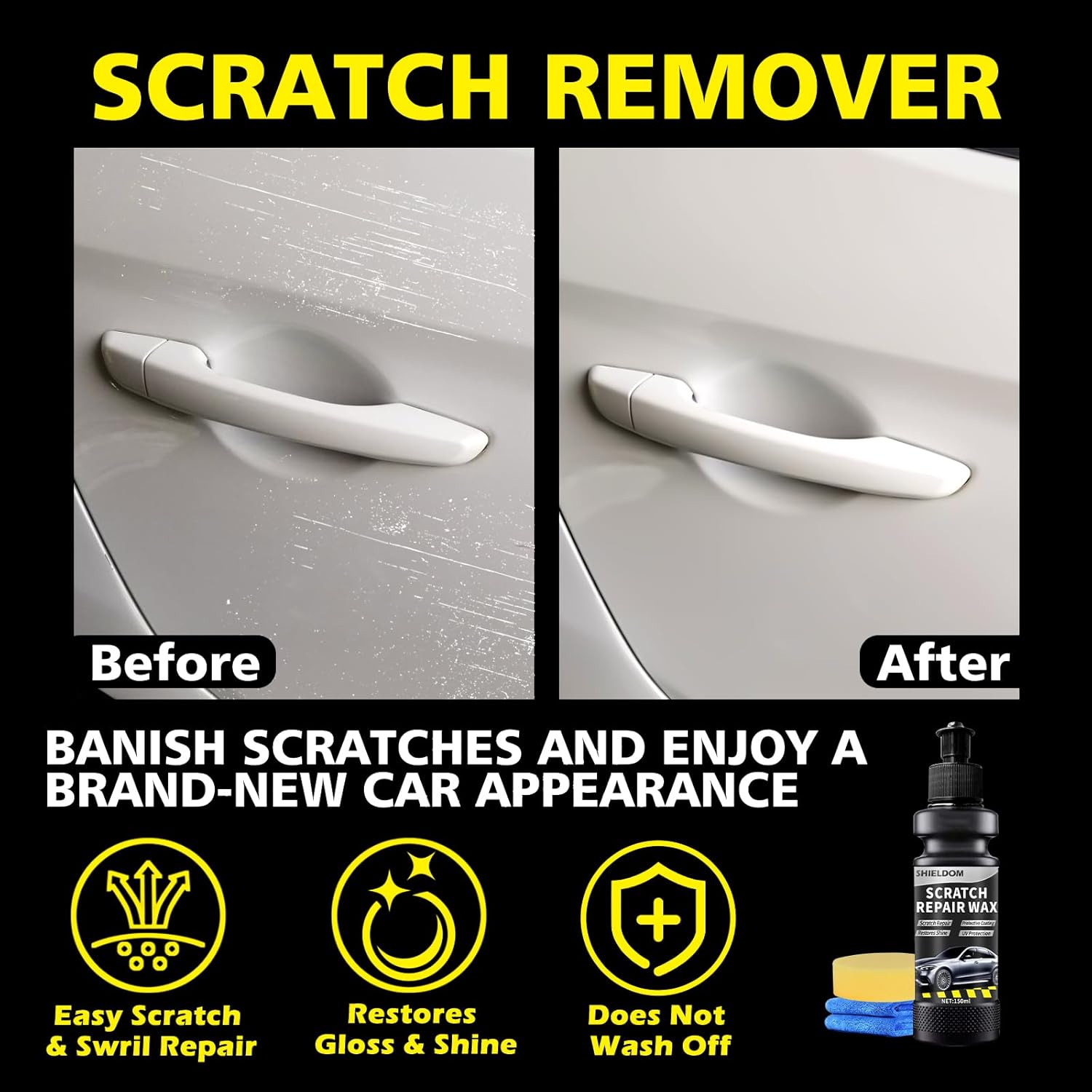 Scratch remover product before and after use on a car door handle.