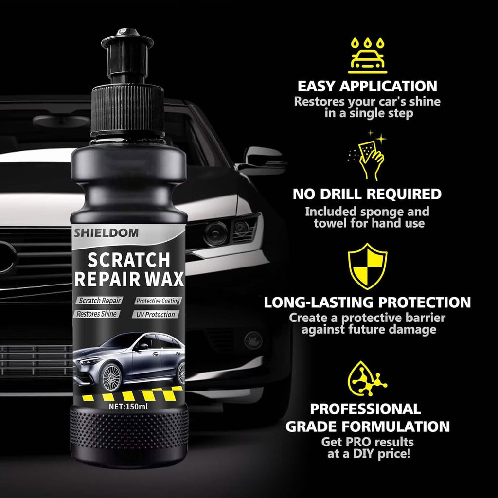 scratch repair wax bottle with car in the background